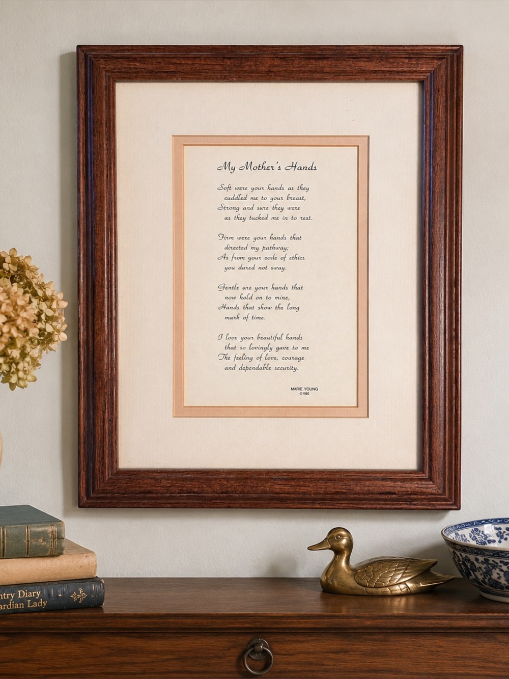 Vintage 1985 My Mother’s Hands Framed Poem Marie Young Sentimental Wall Art